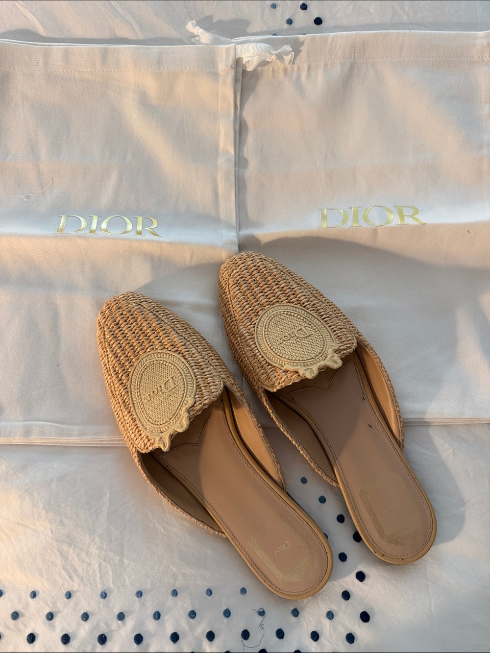 New!! Dior Natural Beige raffia Woven Leather-Trim Mules worn once!